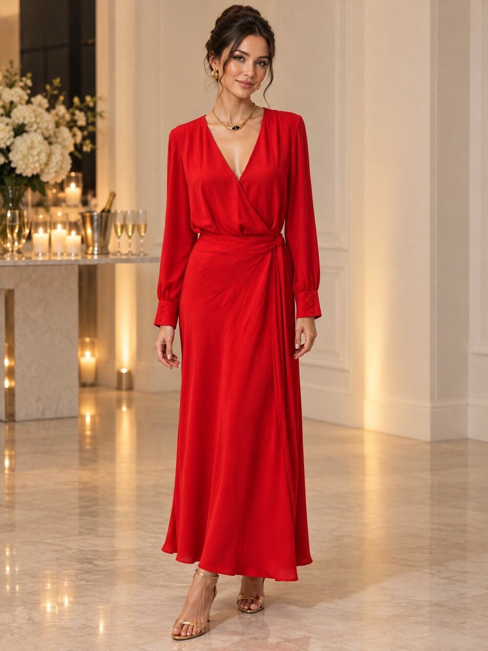 Fame and Partners USA Size 6 Red Wrap Maxi Dress Long Sleeve V Neck Evening Gown